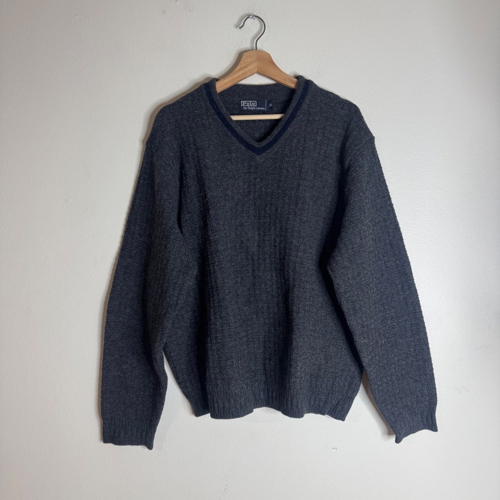 Polo Ralph Lauren Mens V-Neck Wool Waffle Knit Sweater Charcoal Grey XL